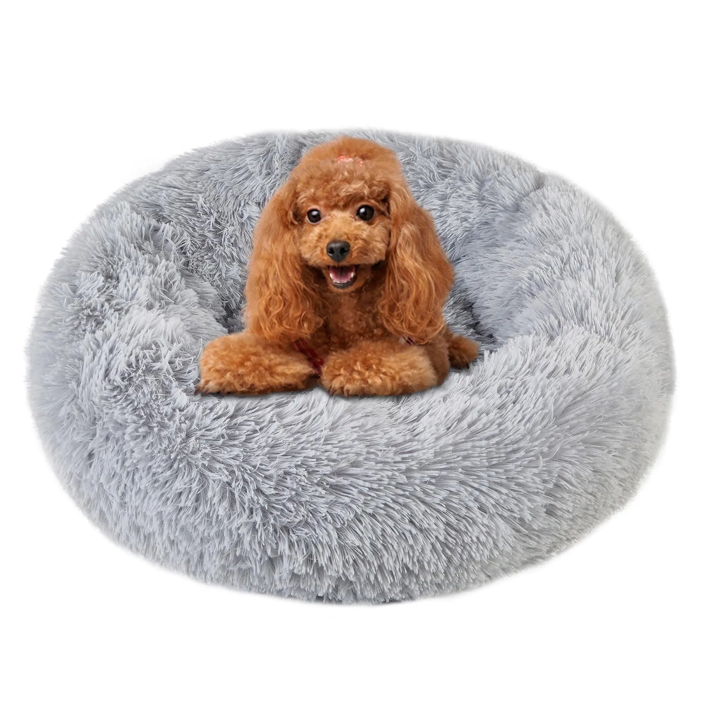 Calming Round Cat & Dog Bed – Fluffy Donut Cuddler, Soft Plush & Washable (Light Grey, 20")