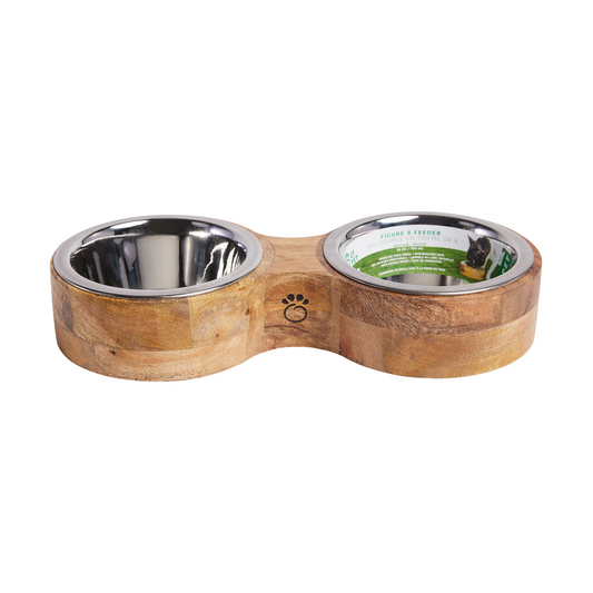 Handcrafted mango wood feeder, WoofWare Duo™ – Sophisticated dining for two, perfect for pets' mealtime style.