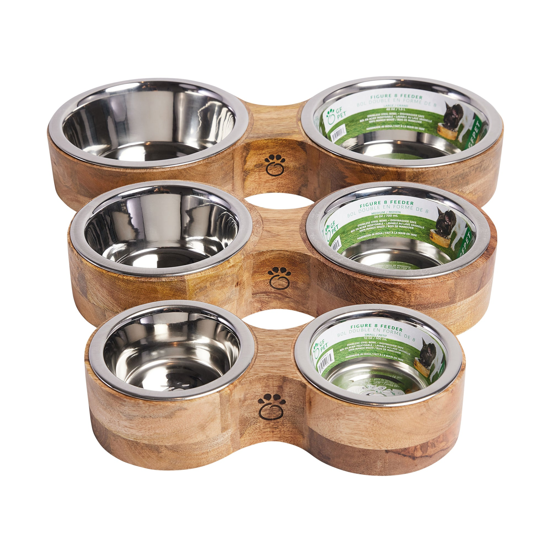 WoofWare Duo™ – Sophisticated dining for two features a unique handcrafted mango wood pet feeder design.
