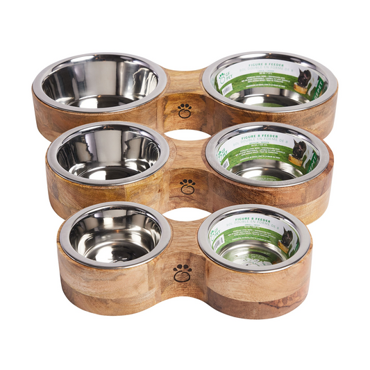 WoofWare Duo™ – Sophisticated dining for two features a unique handcrafted mango wood pet feeder design.