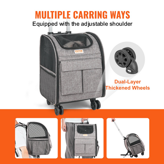 VEVOR Rolling Pet Carrier Backpack with Removable Wheels for Under 18LBS, Large Soft Sided Wheeled Dog Carrier Cat Travel Carrier Airline Approved for Small Dogs and Medium Cats with Upgraded Wheels