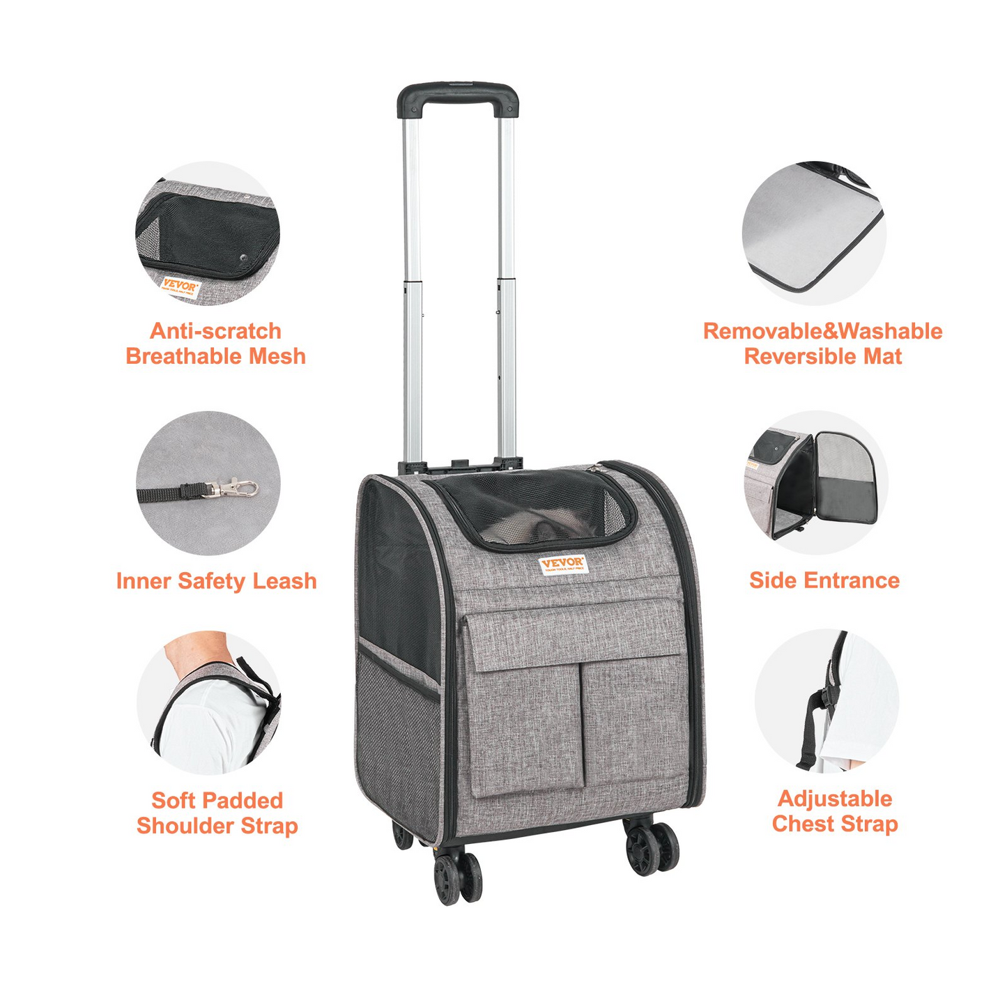 VEVOR Rolling Pet Carrier Backpack with Removable Wheels for Under 18LBS, Large Soft Sided Wheeled Dog Carrier Cat Travel Carrier Airline Approved for Small Dogs and Medium Cats with Upgraded Wheels
