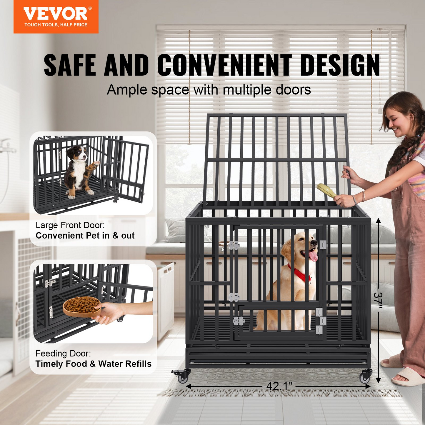 VEVOR Fortress XL Dog Crate: Indestructible 42-Inch Heavy-Duty Kennel with 3 Doors, Lockable Wheels & Removable Tray – Ideal for High-Anxiety Medium to Large Dogs, Indoor & Outdoor Use