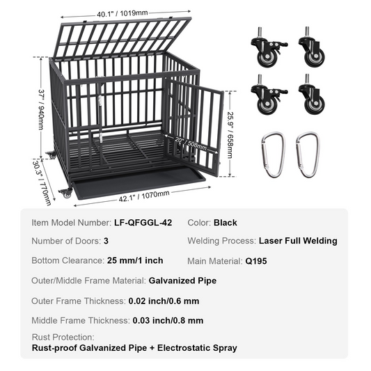 VEVOR Fortress XL Dog Crate: Indestructible 42-Inch Heavy-Duty Kennel with 3 Doors, Lockable Wheels & Removable Tray – Ideal for High-Anxiety Medium to Large Dogs, Indoor & Outdoor Use