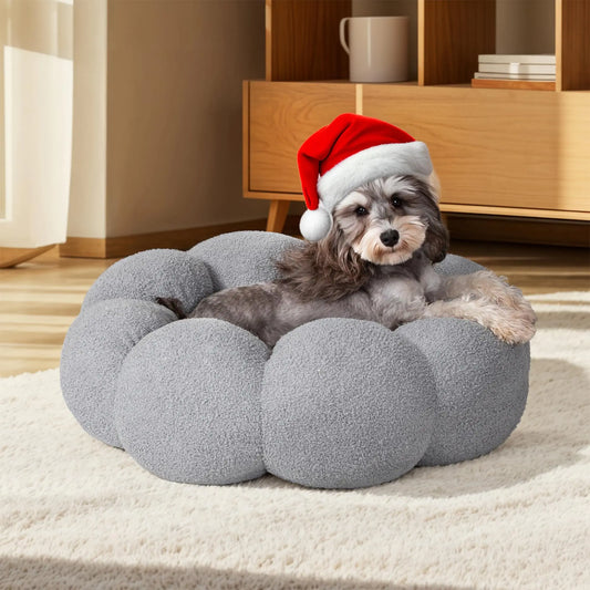 Calming Flower Dog Bed – Fluffy Plush Donut Cuddler for Small Pets (Grey, 24")