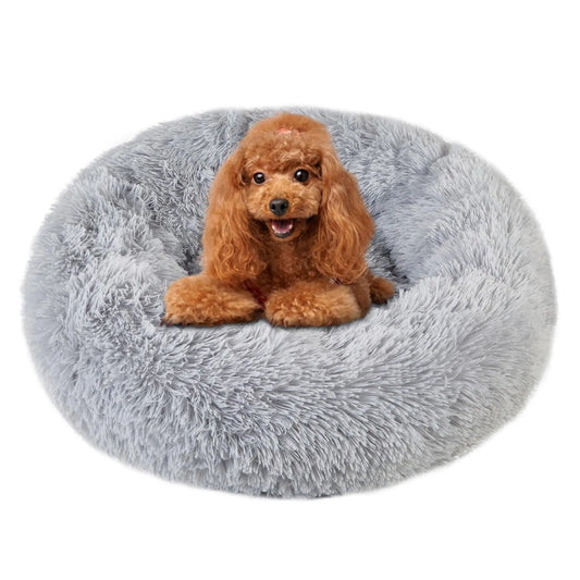 Dog lying on a fluffy gray pet bed against a white background